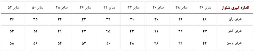 جدول سایزبندی شلوار دیبادخت