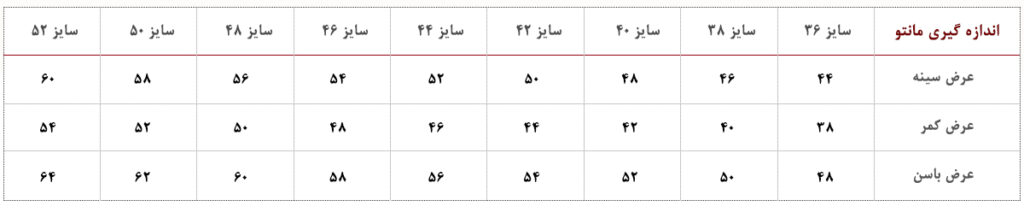 جدول سایزبندی مانتو اداری دیبادخت