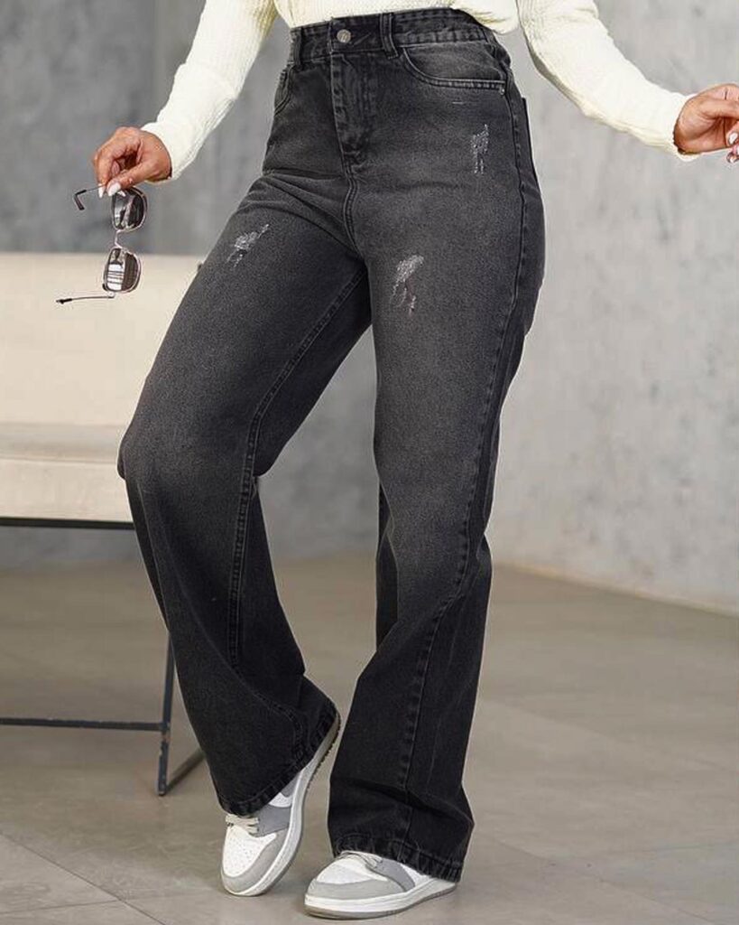 شلوار جین مدل نیم بگ تنخور رنگ ذغالی